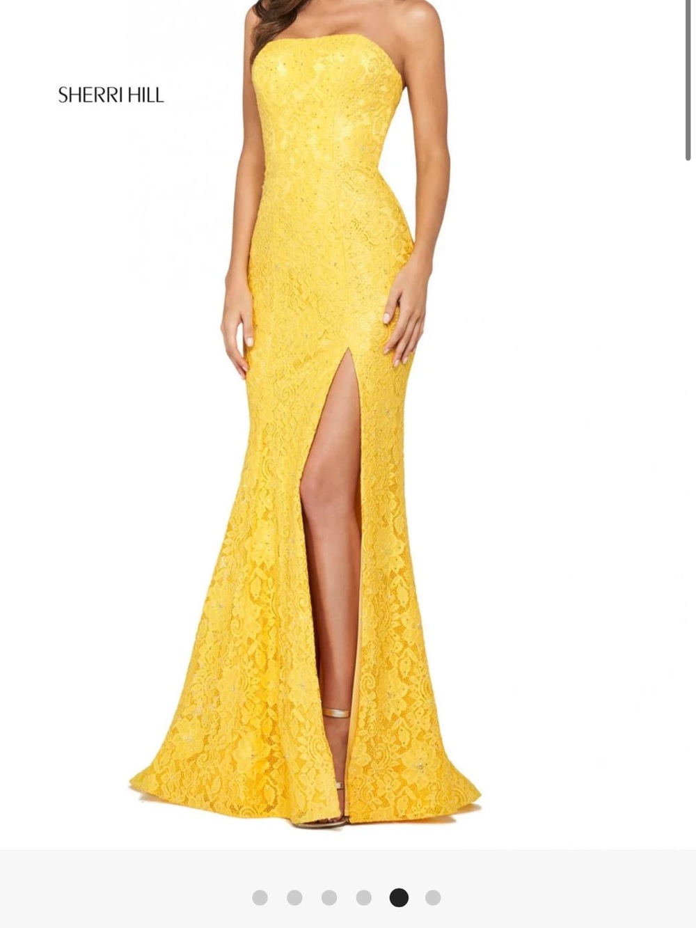Sherri Hill Yellow Strapless Lace Gown